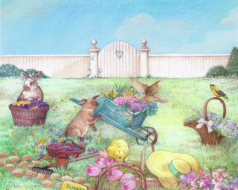 Spring Bunnies, Chick, Birds Painting by Judith Cheng