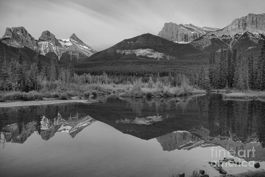 Spring Canmore Mountain Reflections Black And White Photograph by Adam Jewell