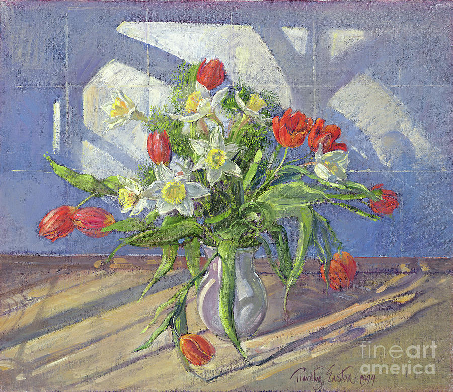 Spring Flowers With Window Reflections, 1994 Painting by Timothy Easton