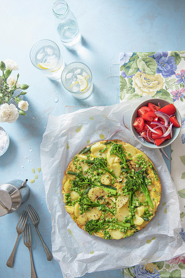 Spring Frittata With New Potatoes, Beans, Peas Spring Onion And