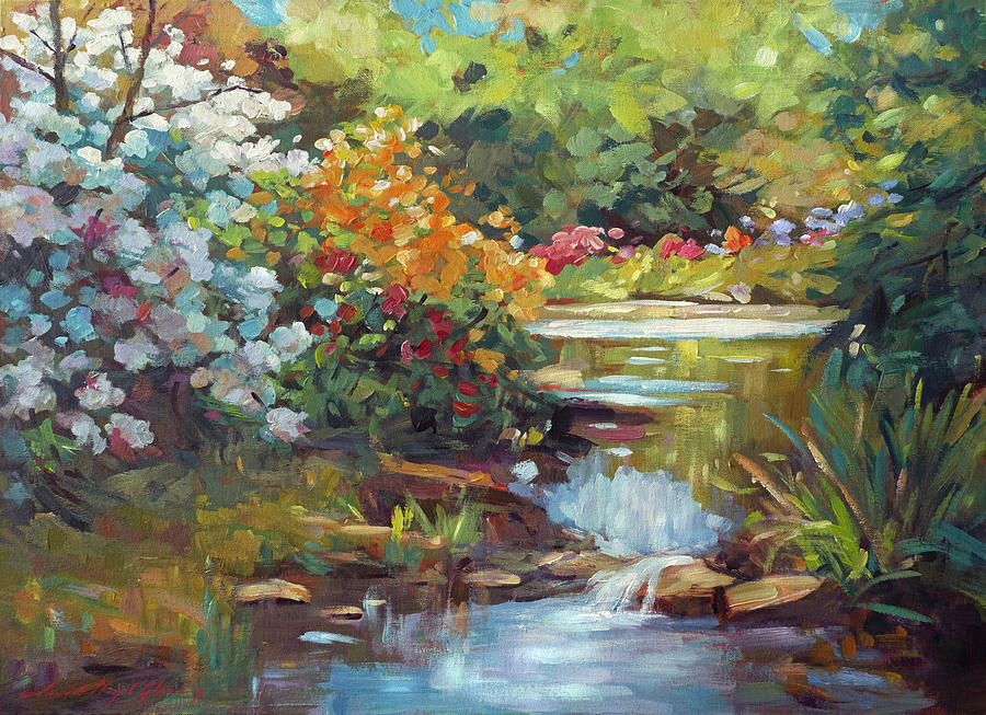 Spring Garden Pond Painting by David Lloyd Glover