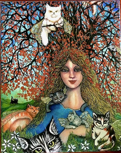 Spring in the Land of Flying Cats Painting by Rae Chichilnitsky