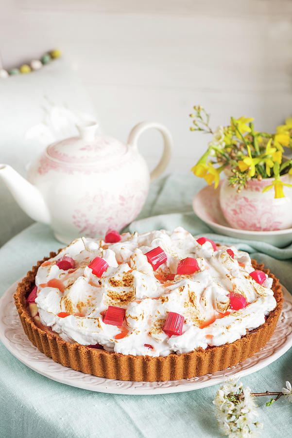 Spring Meringue And Rhubarb Cake Photograph by Winfried Heinze