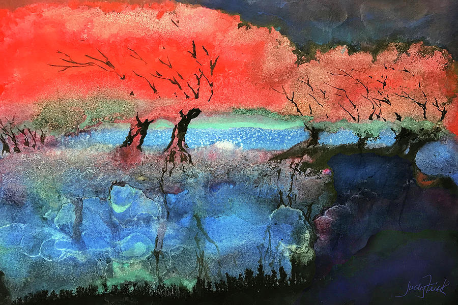 Spring Moon Over Pond Painting by Judy Frisk