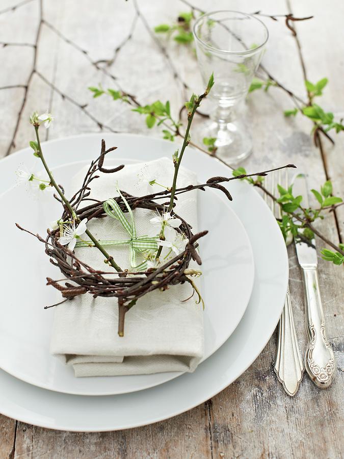 Spring Place Setting Decorated With Flowering Twigs And Small Wreath Photograph by Hannah Kompanik