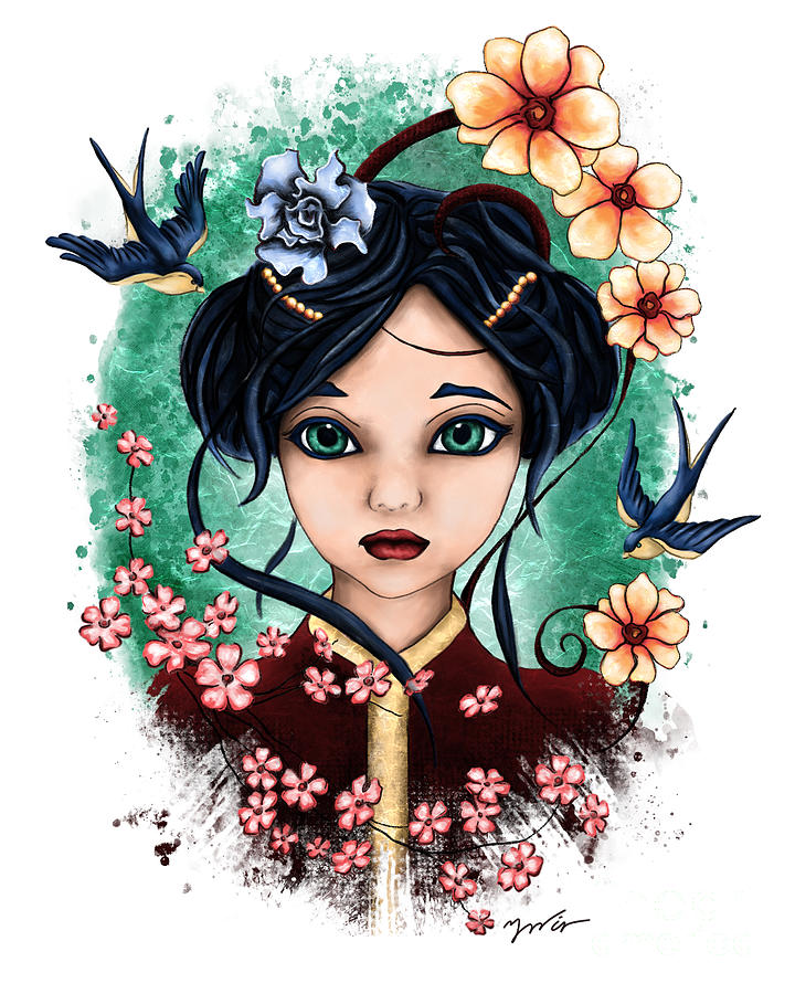 Semi-realistic girl portrait, spring geisha  Digital Art by Nadia CHEVREL