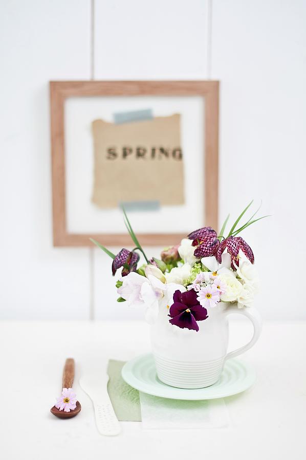 Spring Posy In White Clay Jug; Violas, Primulas, Snakes Head Fritillaries, Viburnum And Cream Narcissus; Lettering Reading spring In Wooden Frame In Background Photograph by Cornelia Weber