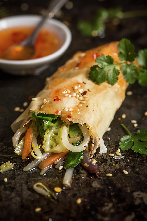 Spring Roll With Vegetable Filling And Sweet Chilling Dipping Sauce Photograph by Stacy Grant
