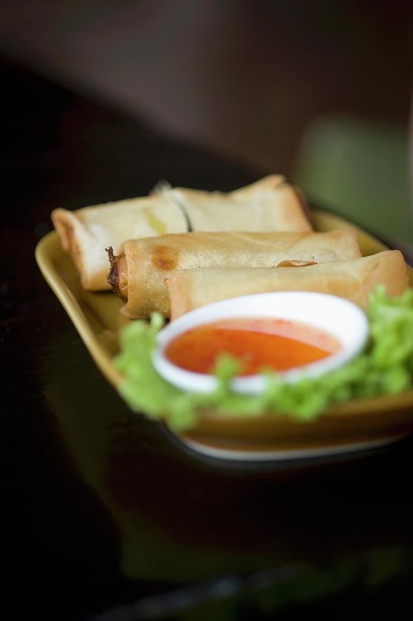 Spring Rolls With A Dip At A Market In China Town bangkok, Thailand Photograph by Achim Sass