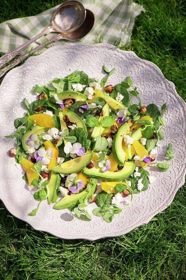 Spring Salad With Avocado And Pansies Photograph by Winfried Heinze