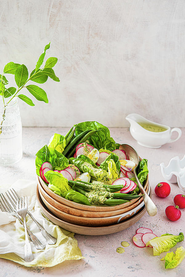 Spring Salad With Beans, Boiled Egg, Radish And Herby Nicoise Dressing With Parsley, Anchovies, Lemon And Olive Oil Photograph by Magdalena Hendey