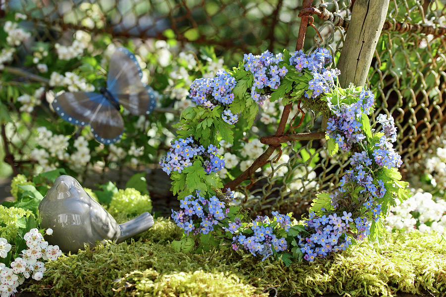 Spring Wreath Made Of Forget-me-not Flowers And Cranesbill Leaves Photograph by Angelica Linnhoff
