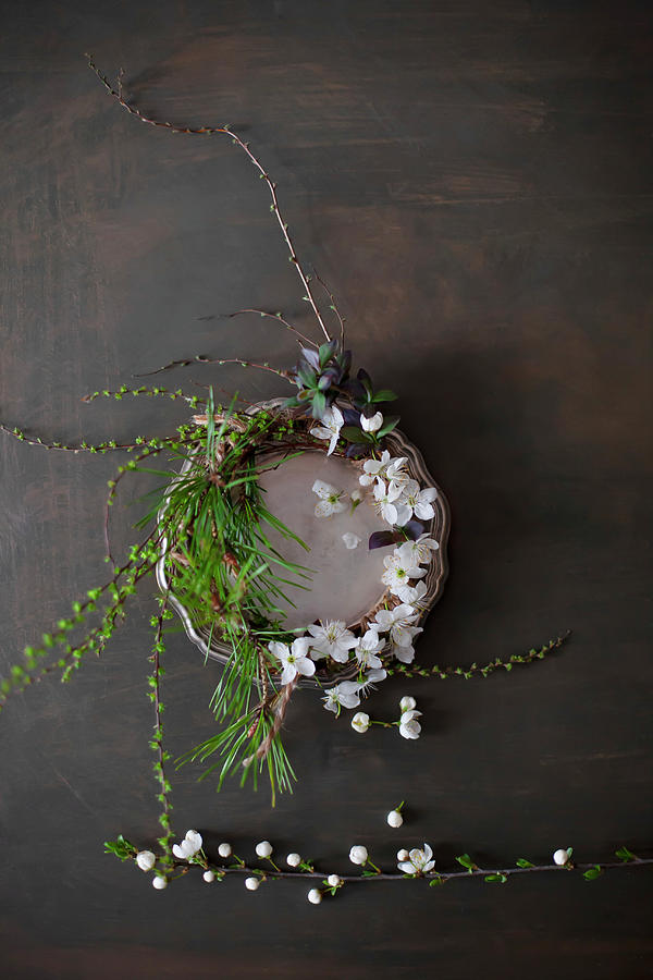 Spring Wreath On Pewter Plate Photograph by Alicja Koll