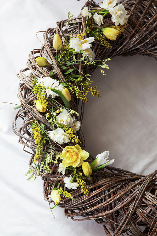 Spring Wreath With Daffodils, Tulips, Hyacinth, Goldenrod, And Sea Lavender Photograph by Hej.hem Interior