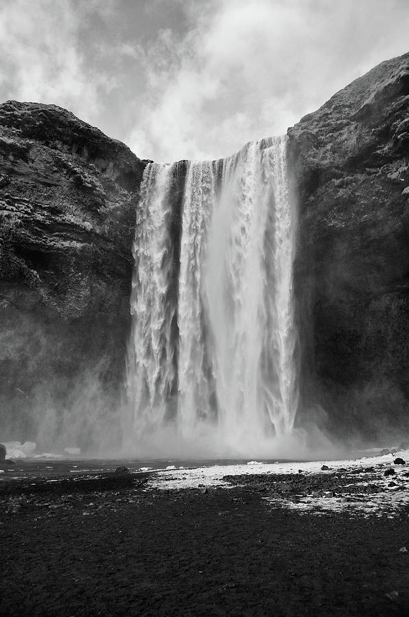 Springtime at Base of Grand Skogafoss Waterfall Iceland Black and White Photograph by Shawn OBrien