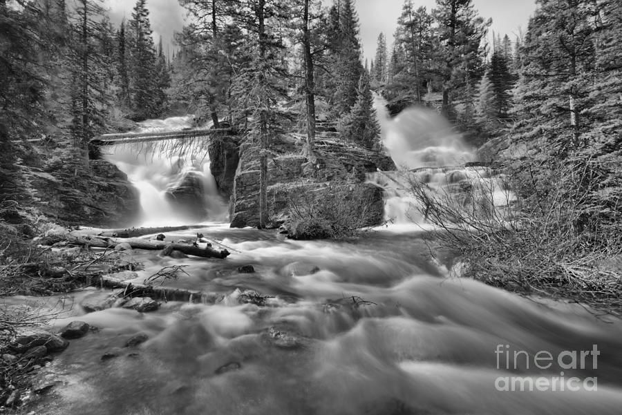 Springtime At Glacier Twin Falls Black And White Photograph by Adam Jewell