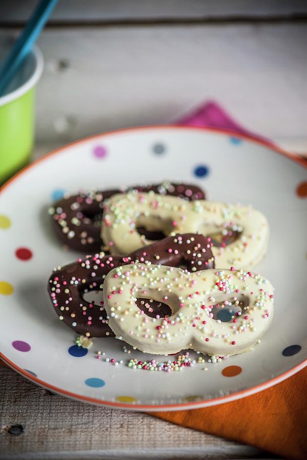 Sprinkle Biscuits carnival Mask With Chocolate Glazes And Colourful Sugar Beads Photograph by Imagerie
