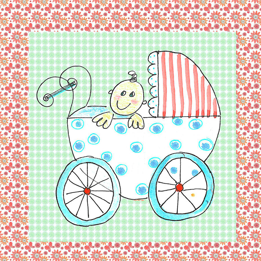 Baby Mixed Media - Square Card Baby In Carriage by Effie Zafiropoulou