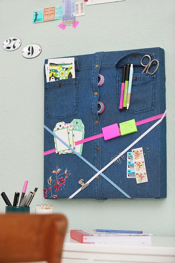 Square Pinboard Made From Denim Shirt And Ribbons Photograph by Studio27neun