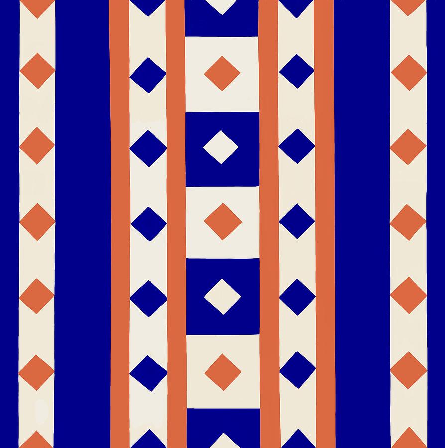Squares stripes  blue orange cream 1 Tapestry - Textile by Christine McCole