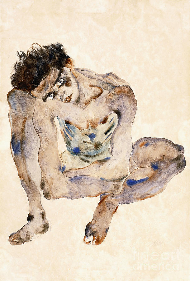 Squatting Painting by Egon Schiele
