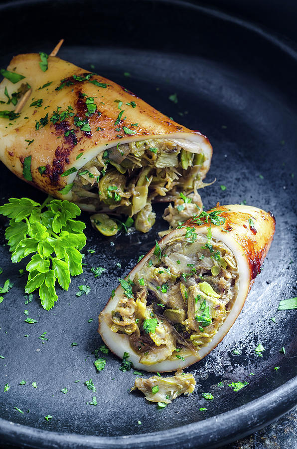 Squid Filled With Artichokes Garnished With Parsley Photograph by Giulia Verdinelli Photography
