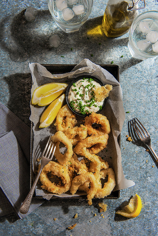 Squid In Tempura Bayyer With Chive Mayo And Lemon Photograph by Magdalena Hendey