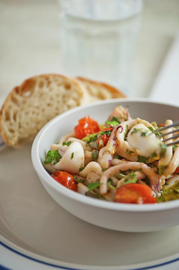 Squid Salad With Tomatoes, Olive Oil And Herbs Photograph by Magdalena Hendey
