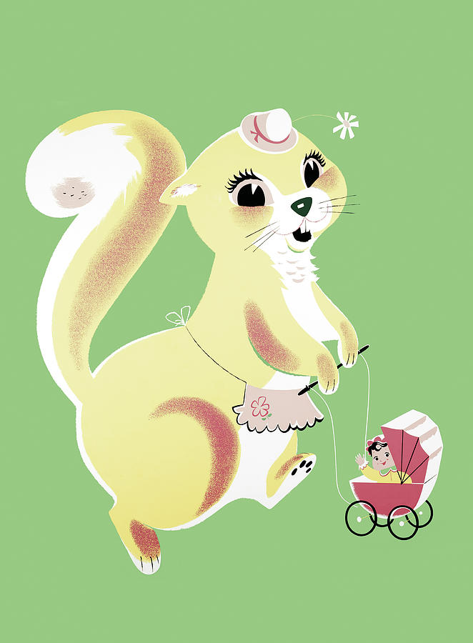 Vintage Drawing - Squirrel and Baby Carriage by CSA Images