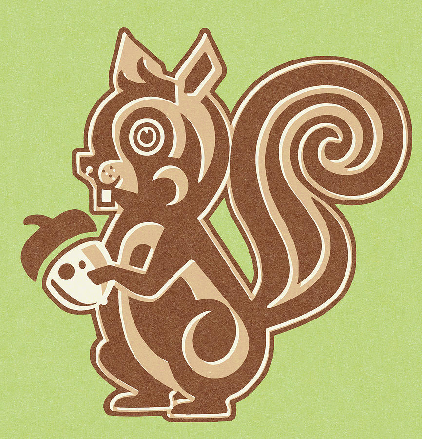 Fall Drawing - Squirrel Holding Nut on Green Background by CSA Images