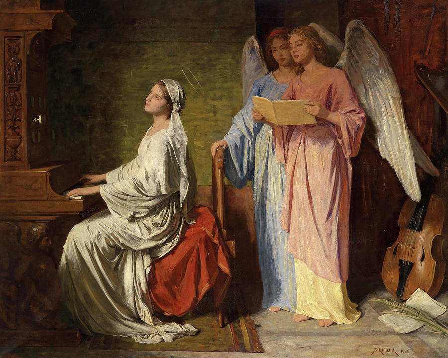 Musician Painting - St Cecilia Playing Accompanied by Angels, 1886 by Simon Glucklich