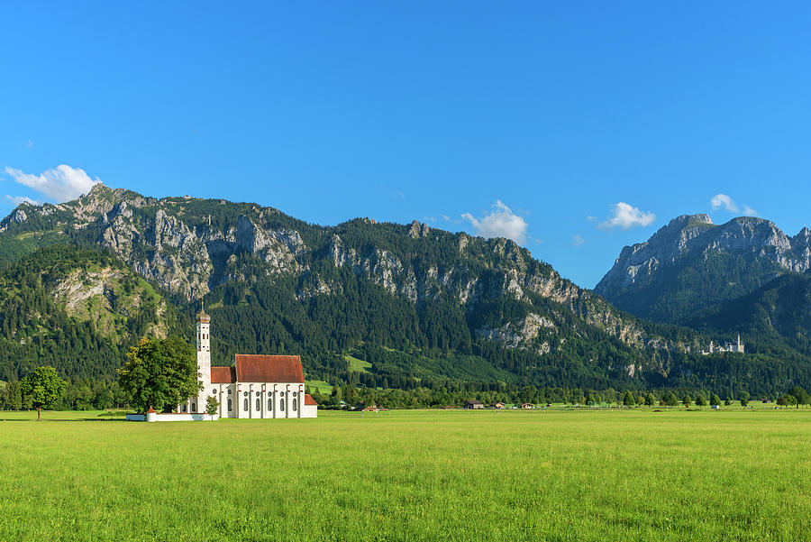 St. Coloman With Neuschwanstein, Tegelberg And Suling, Schwangau, Allgu, Ammergau Alps, Bavaria, Germany Photograph by Hans Georg Eiben