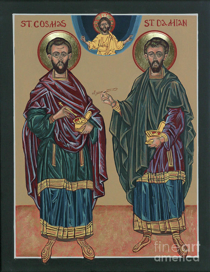 Iconography Painting - St. Cosmas and St. Damian by Elizabeth Roskam Iconography Painting - St. Cosmas and St. Damian by Elizabeth Roskam