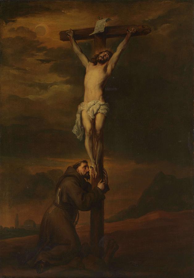 St Francis at the Foot of the Cross. Painting by Anthony van Dyck -manner of-