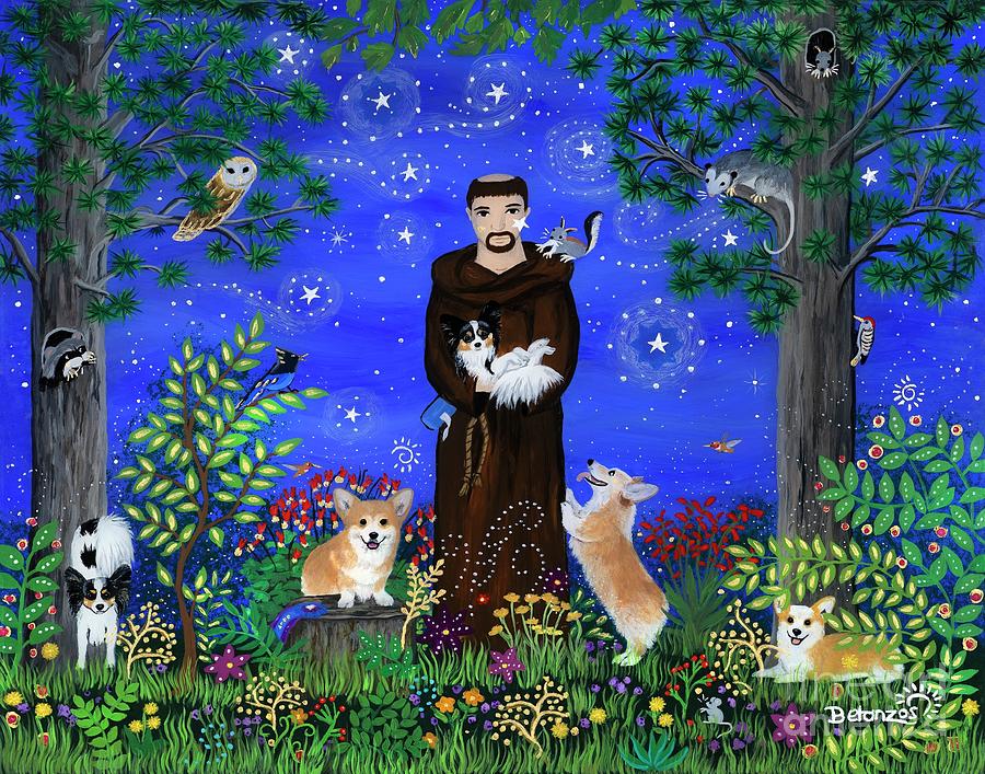 Corgi Painting - St. Francis with Corgi Friends by Sue Betanzos Corgi Painting - St. Francis with Corgi Friends by Sue Betanzos