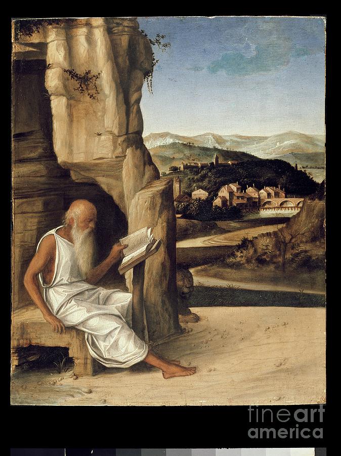 St. Jerome Reading In A Landscape Painting by Giovanni Bellini
