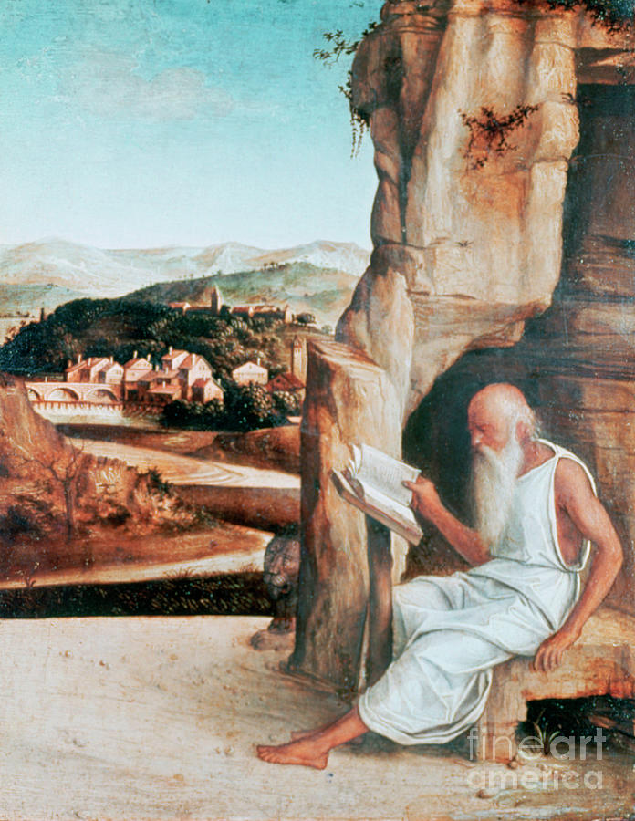 St Jerome Reading In A Landscape Drawing by Print Collector