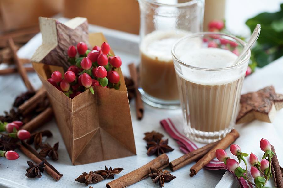 St. Johns Wort In A Paper Bag, A Chai Tea, Cinnamon Sticks And Star Anise Photograph by Schindler, Martina