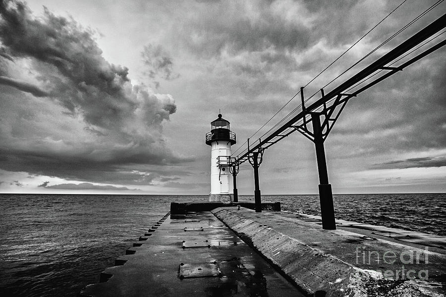 St. Joseph North Pier Historical Light - BW Photograph by Scott Pellegrin