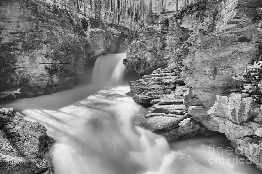 St. Mary Falls Spring 2019 Black And White Photograph by Adam Jewell