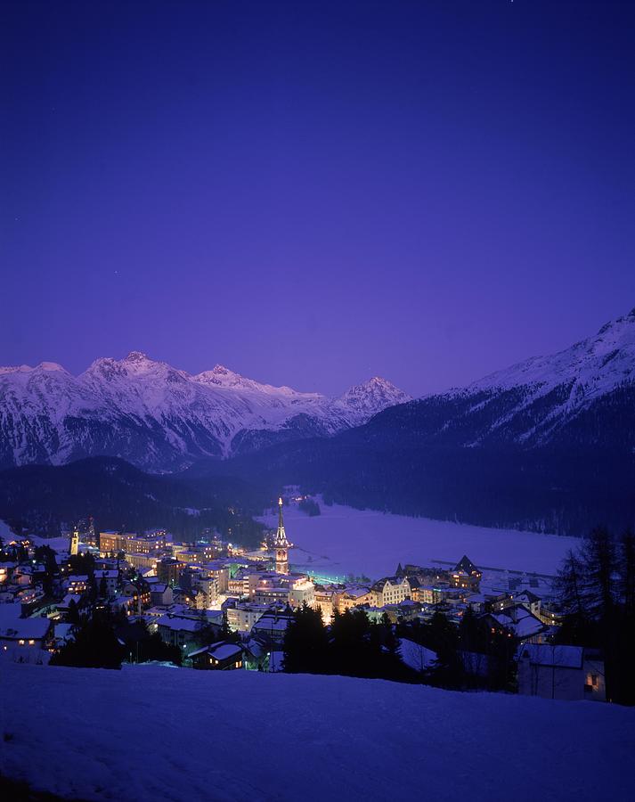 St Moritz At Night, Switzerland Photograph by Walter Bibikow