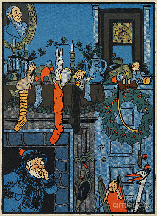 St Nicholas Emerging From The Chimney Into A House On Christmas Eve Painting by European School