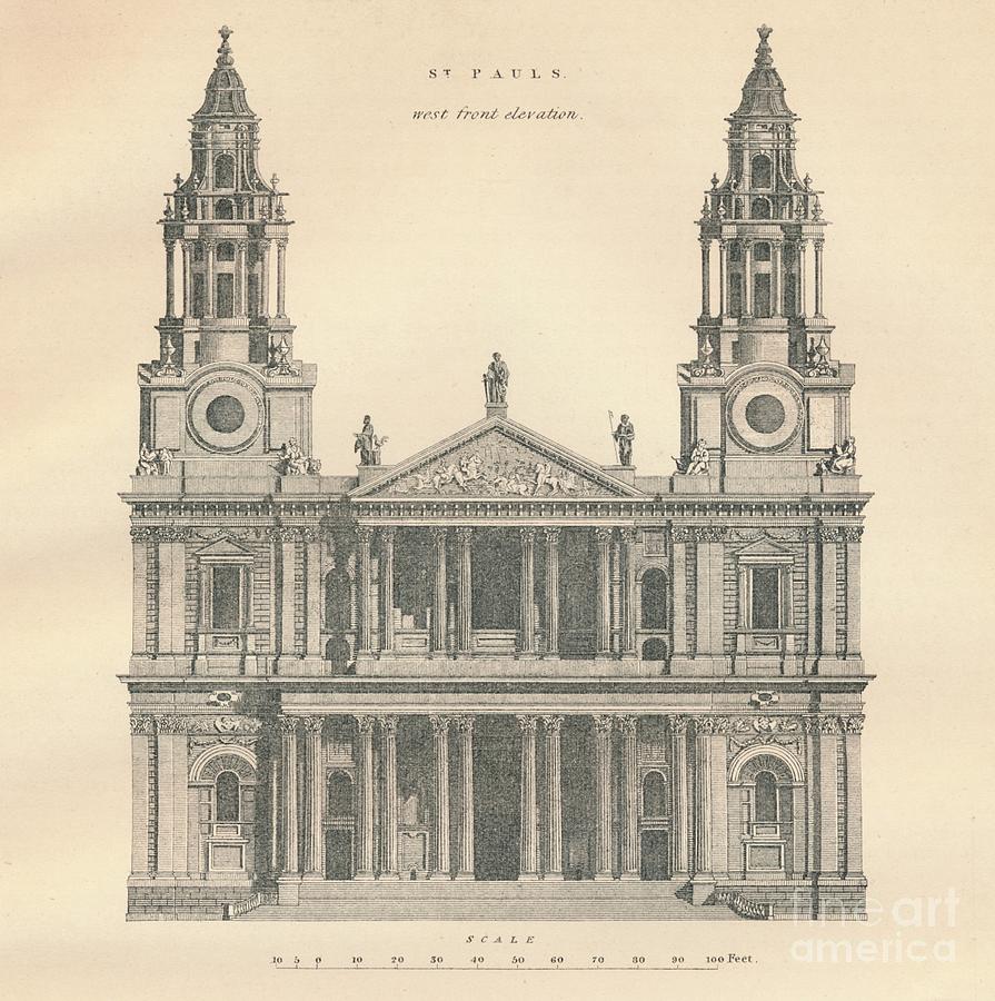 St Pauls - West Front Elevation 1 Drawing by Print Collector