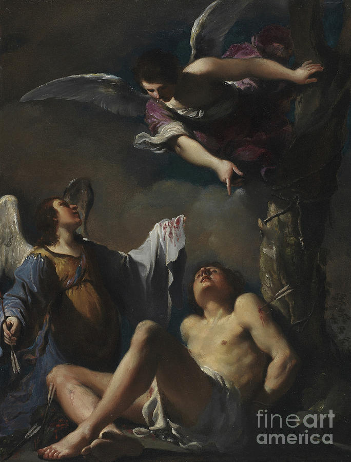 Angel Painting - St. Sebastian Succoured By Two Angeks, 1617 by Guercino