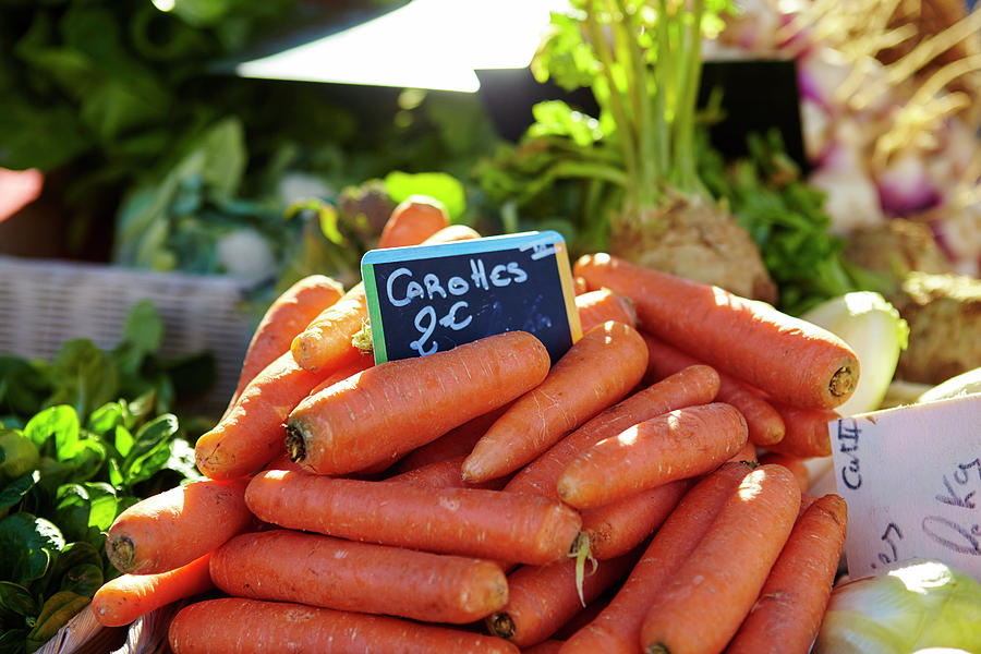 Carrot Digital Art - Stacked Carrots On Market Stall, St Tropez, Cote Dazur, France by Maria Fuchs