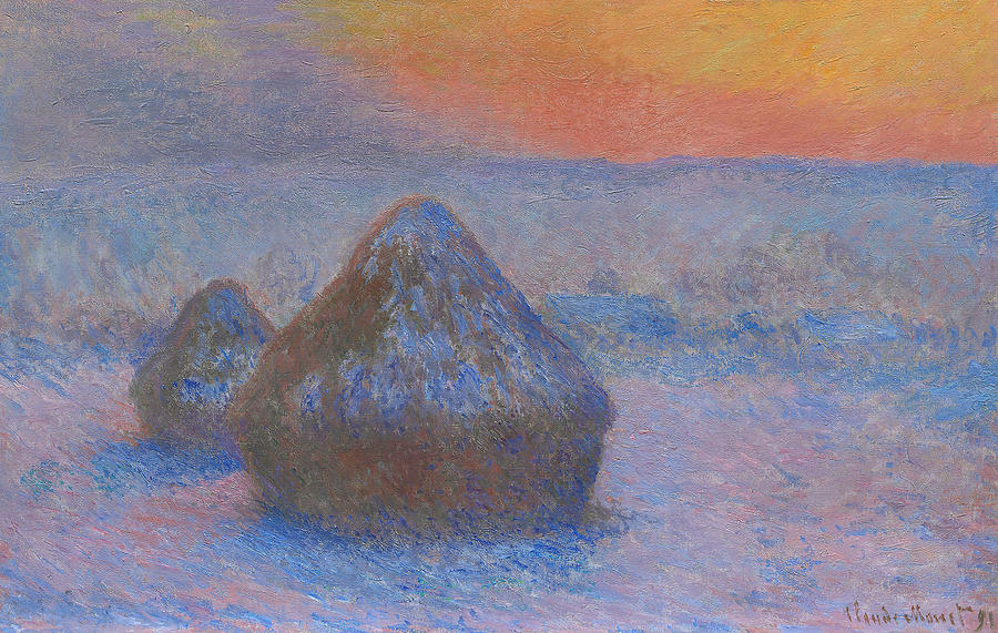 Stacks of Wheat - Sunset, Snow Effect, 1891 Painting by Claude Monet