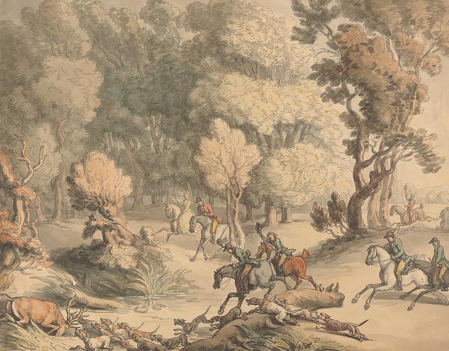 Stag at Bay - Scene near Taplow Drawing by Thomas Rowlandson