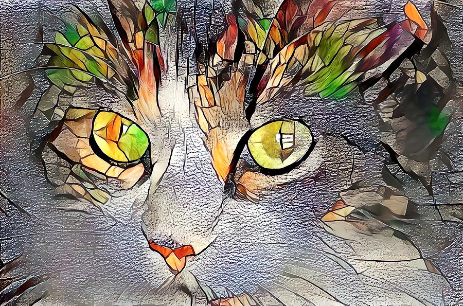 Stained Glass Cat Portrait Golden Orange Digital Art by Don Northup