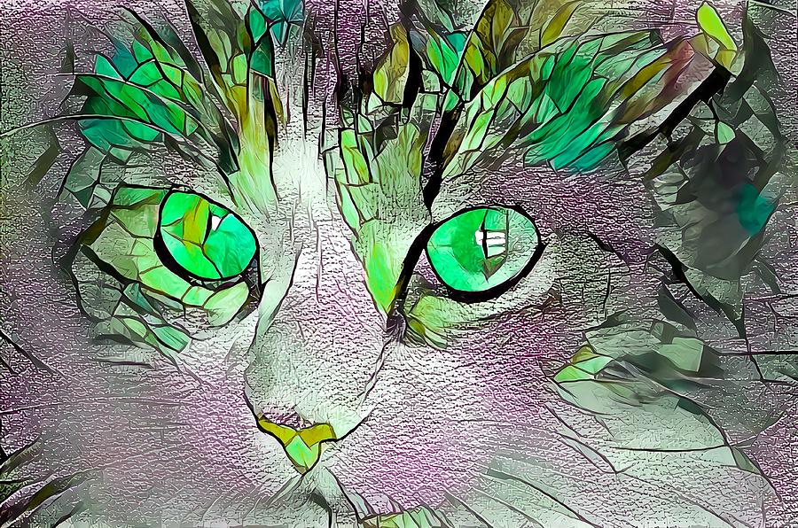 Stained Glass Cat Portrait Green Digital Art by Don Northup