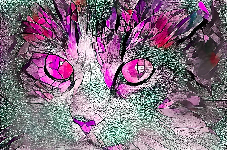 Stained Glass Cat Portrait Pinkish Purple Digital Art by Don Northup